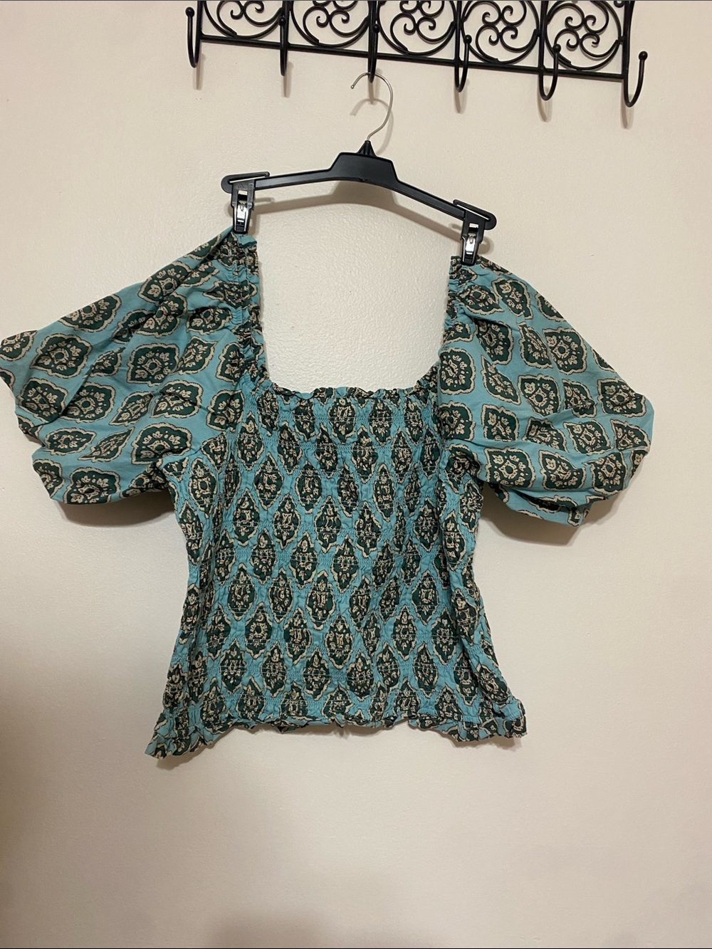 Maurices Teal Patterned Smocked Top with Puff Sleeves